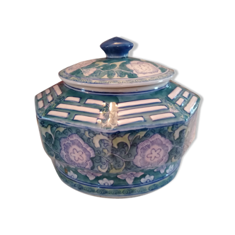 Lidded pot, Chinese ceramic urn celt decoration, blue and lilac