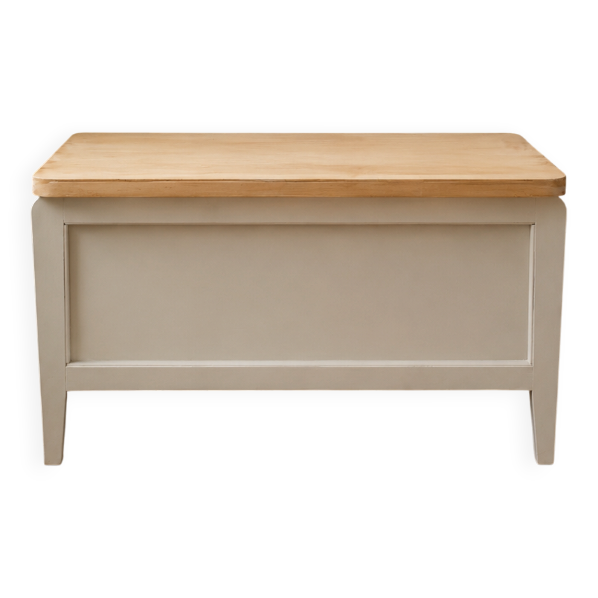 Re-enchanted vintage toy chest in beige, wooden tray.