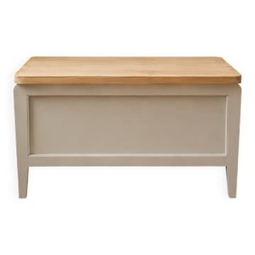 Re-enchanted vintage toy chest in beige, wooden tray.