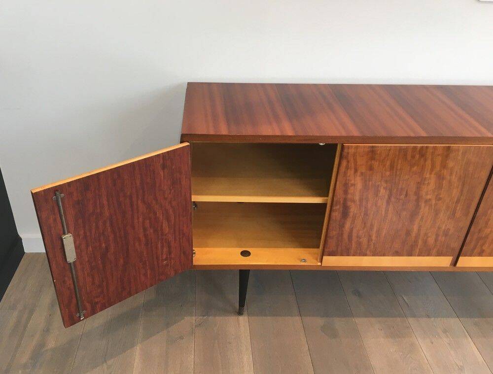 Designer sideboard with 4 doors in sapele mahogany and sycamore on a blackened wood base