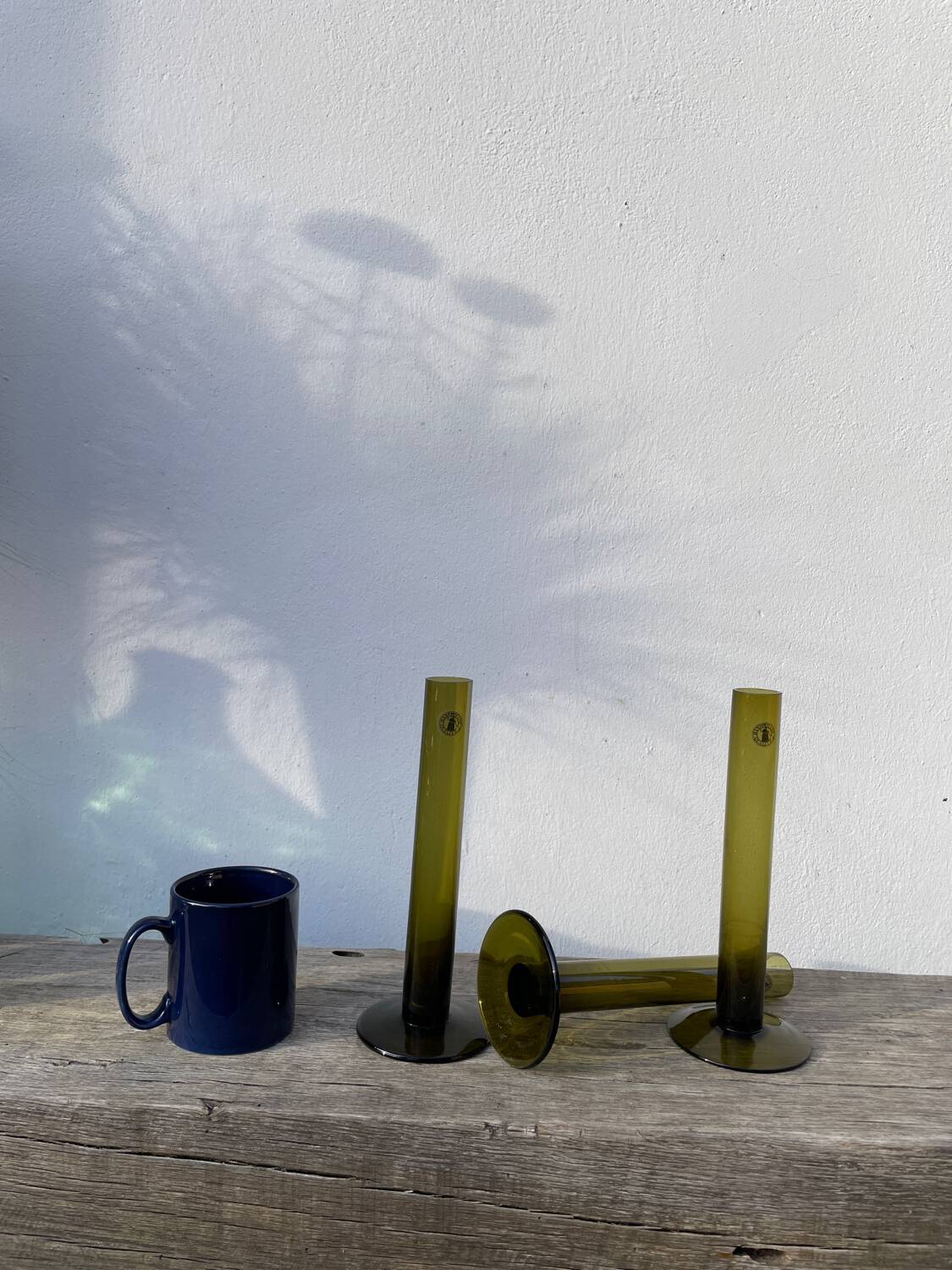 Trio de soliflore en verre vert olive / vases tubes
