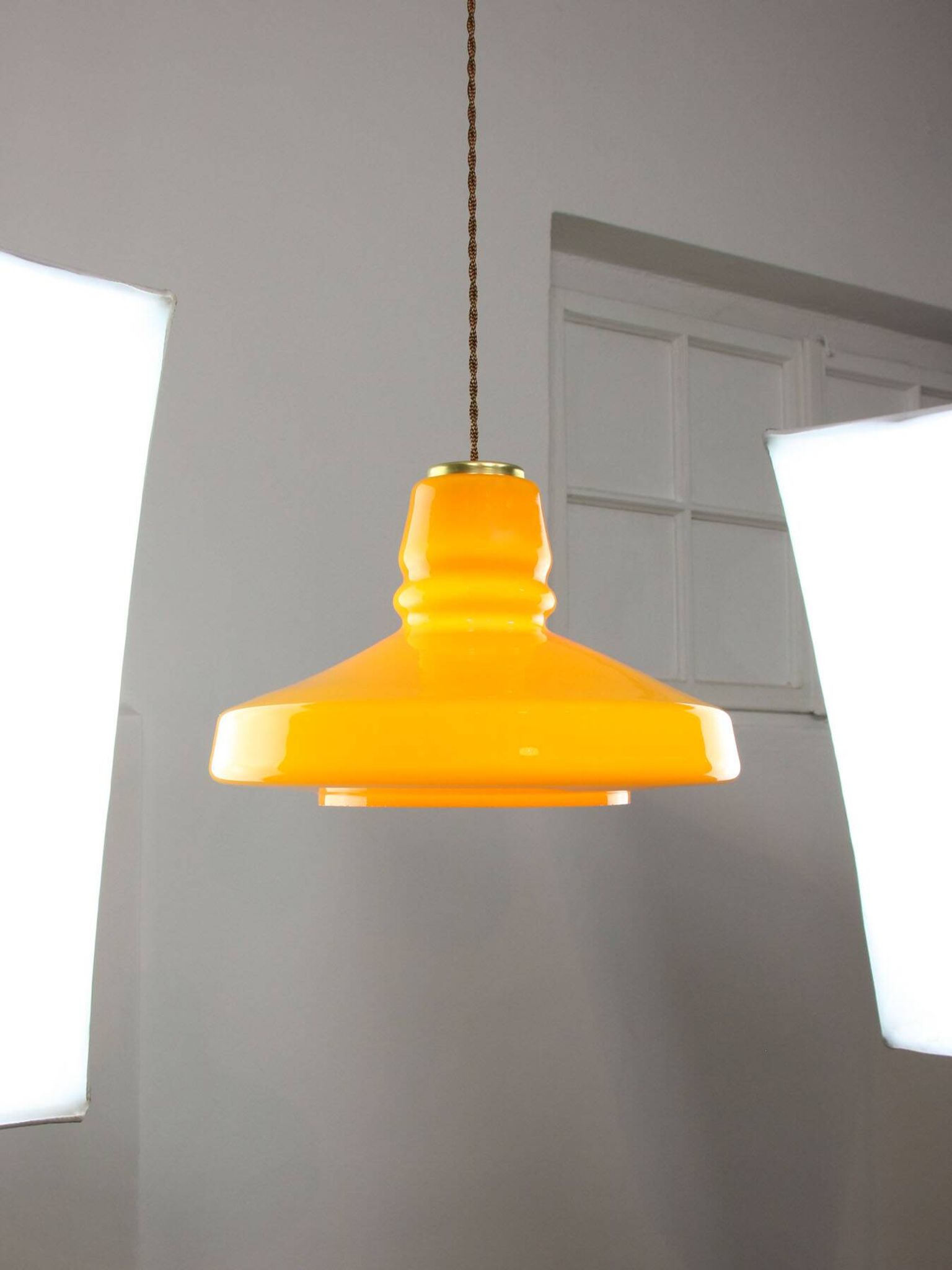 Mid-Century Italian Yellow Glass and Brass Pendant Lamp