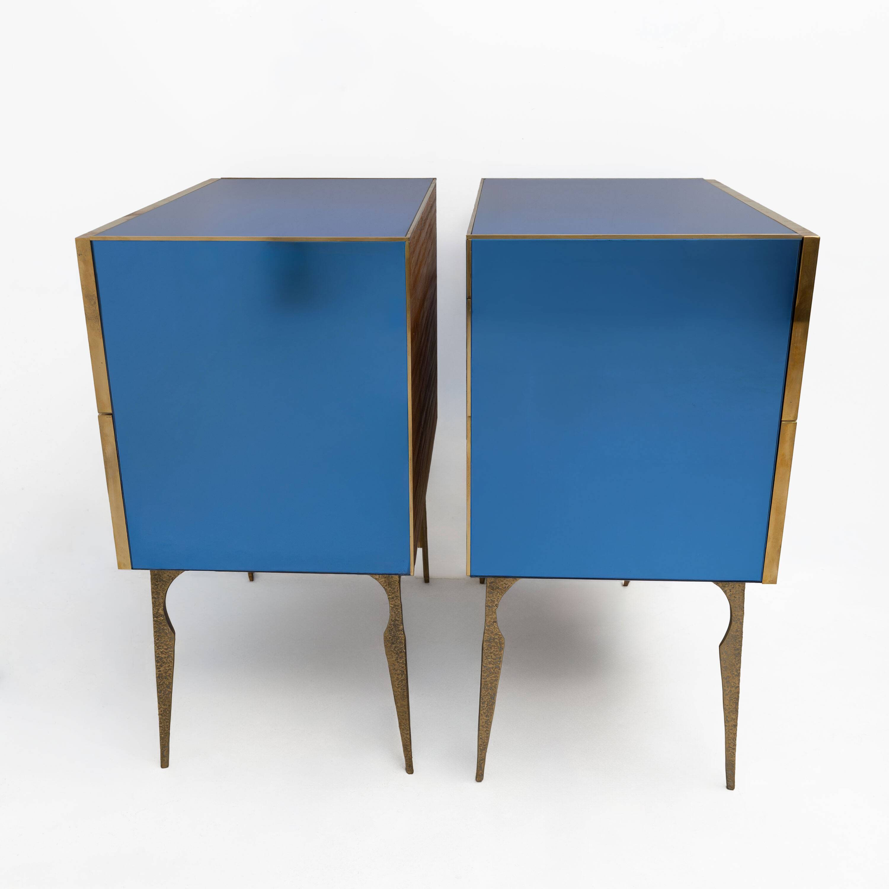 Blue Mirrored Chest of Drawers with Brass Details, Mid-Century Modern Style