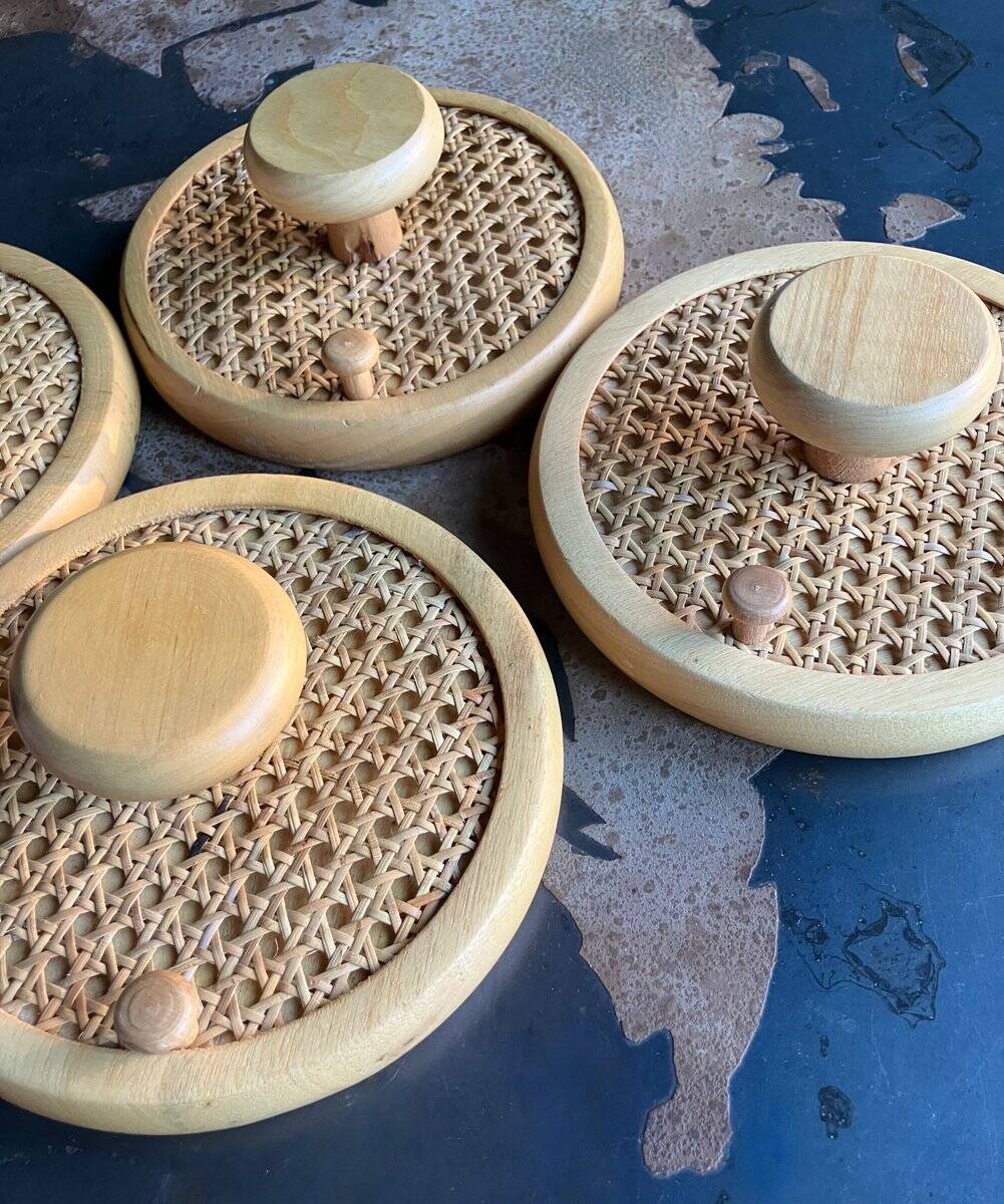 Coat Wall Hooks in Wood and Woven Cane, 1960s, Set of 2