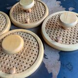 Coat Wall Hooks in Wood and Woven Cane, 1960s, Set of 2