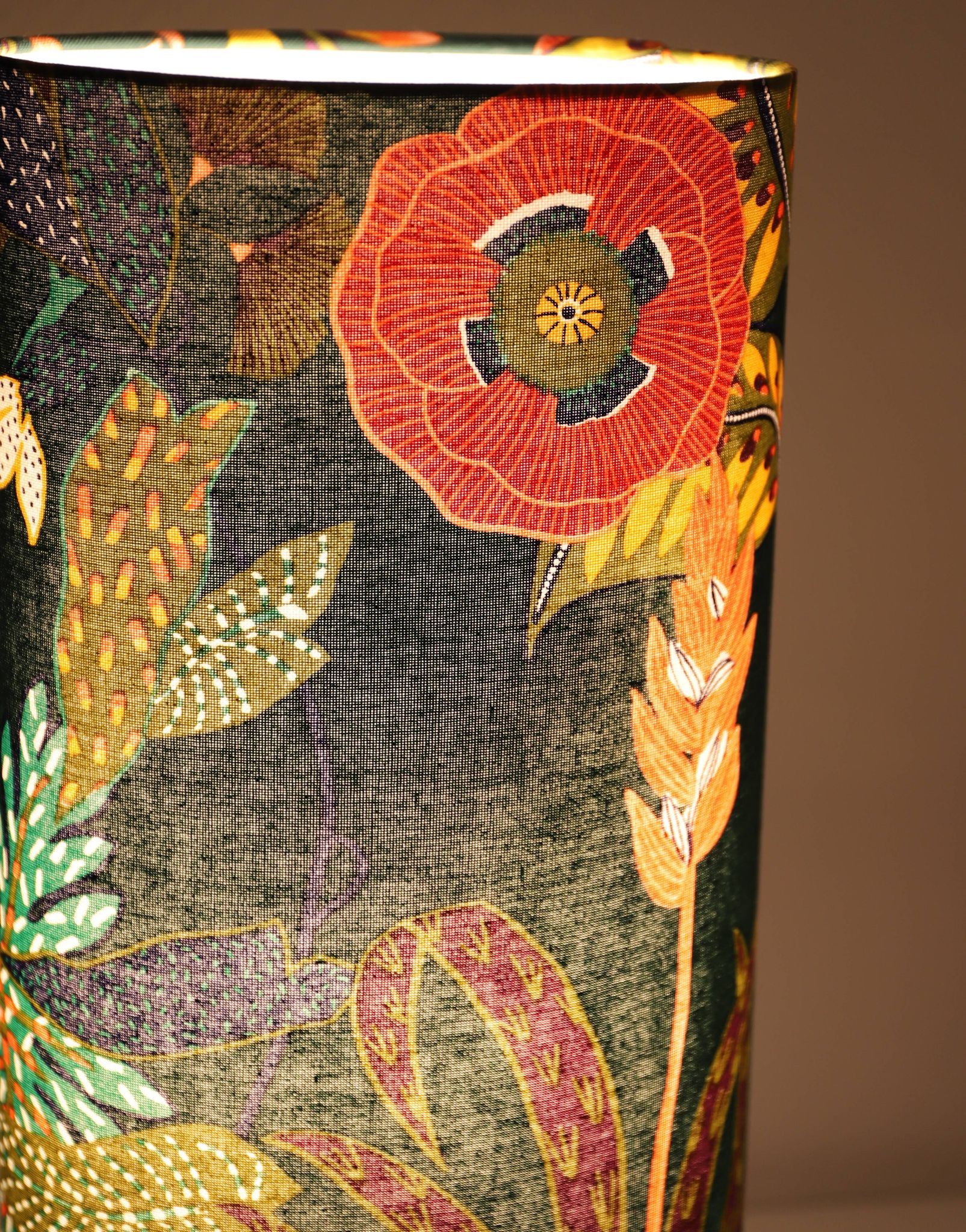 Table lamp, Mid-Century carved wood base, and Jungle Floral lampshade