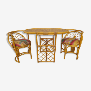 Vintage rattan tête-à-tête table with 2 armchairs