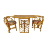 Vintage rattan tête-à-tête table with 2 armchairs
