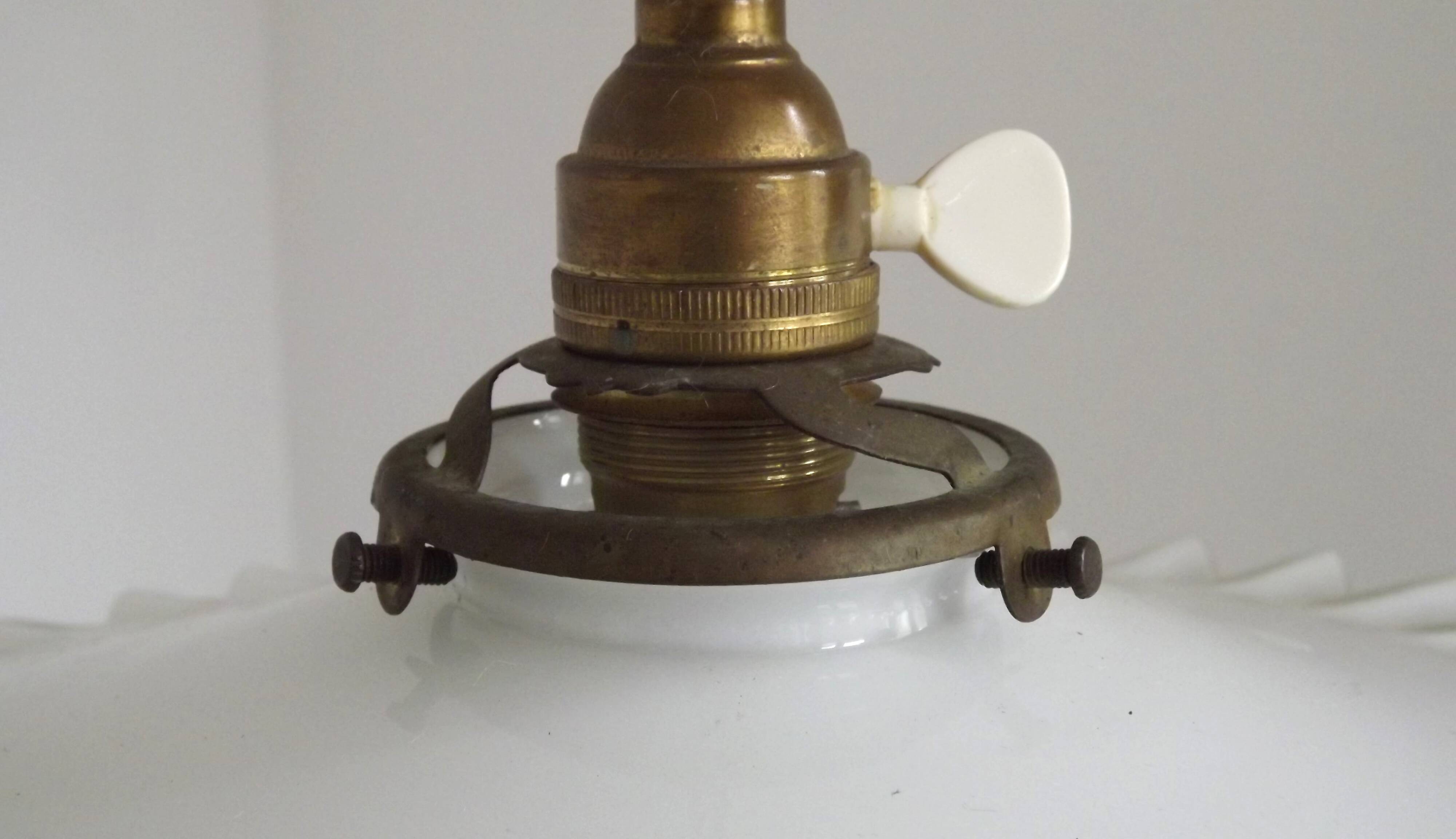 Vintage French Rise & Fall Counterbalance Ceiling Light Opaline Glass Shade