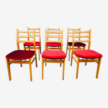 Set of 6 chairs red fabric 1960