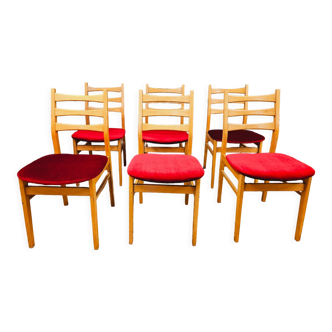 Set of 6 chairs red fabric 1960