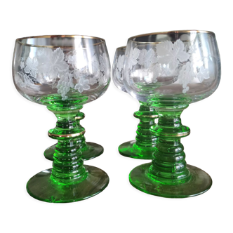 Lot de 4 verres à vin alsacien pied tourné vert buvant transparent filigrané grappe de raisin