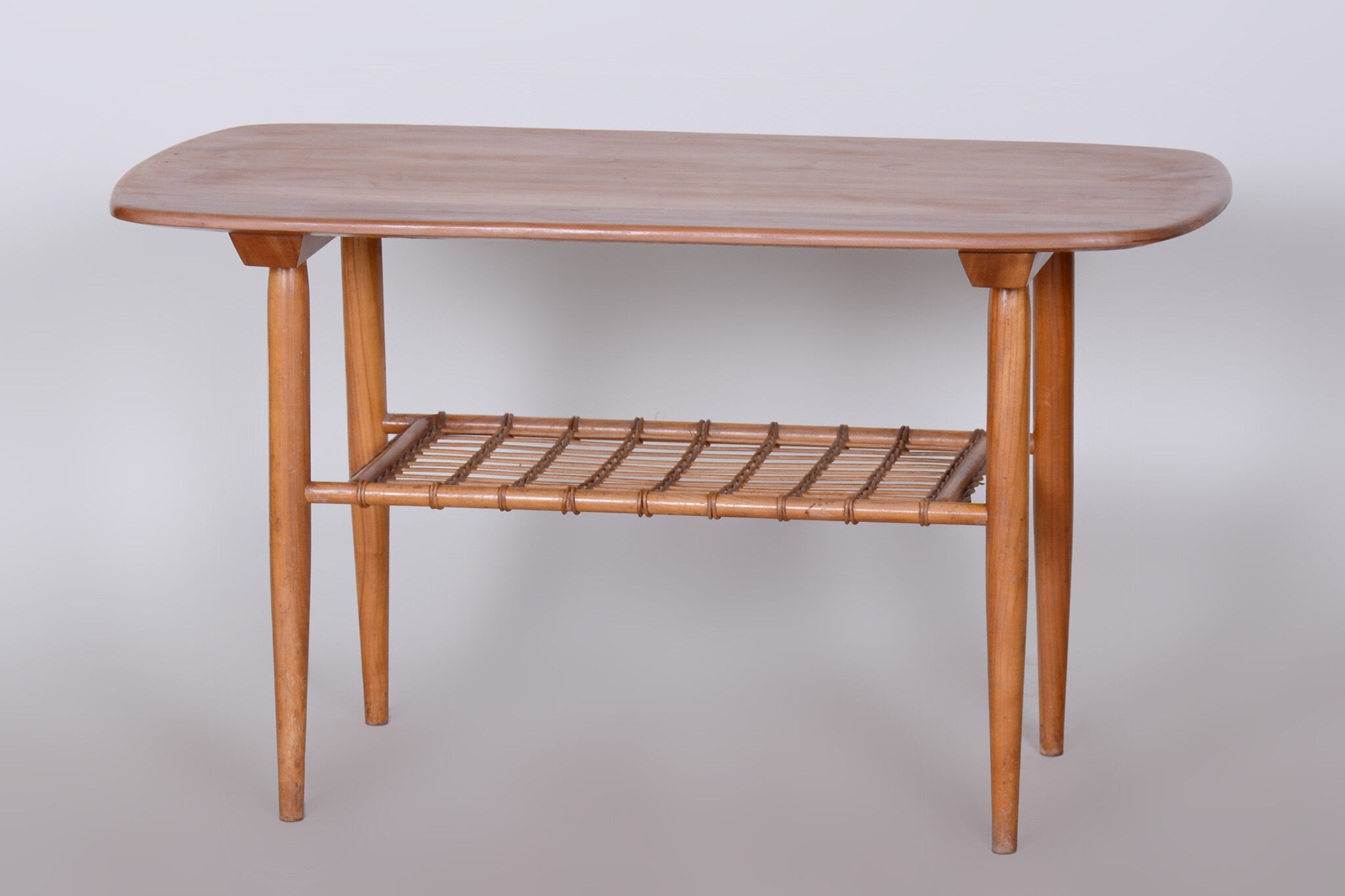 Restored Mid-Century Style Coffee Table, Cherry-Tree, Rattan, 1950s, Czechia