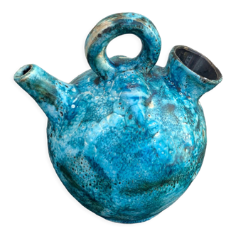 Carafe, turquoise blue glazed ceramic pitcher lava stamped bebege France vintage