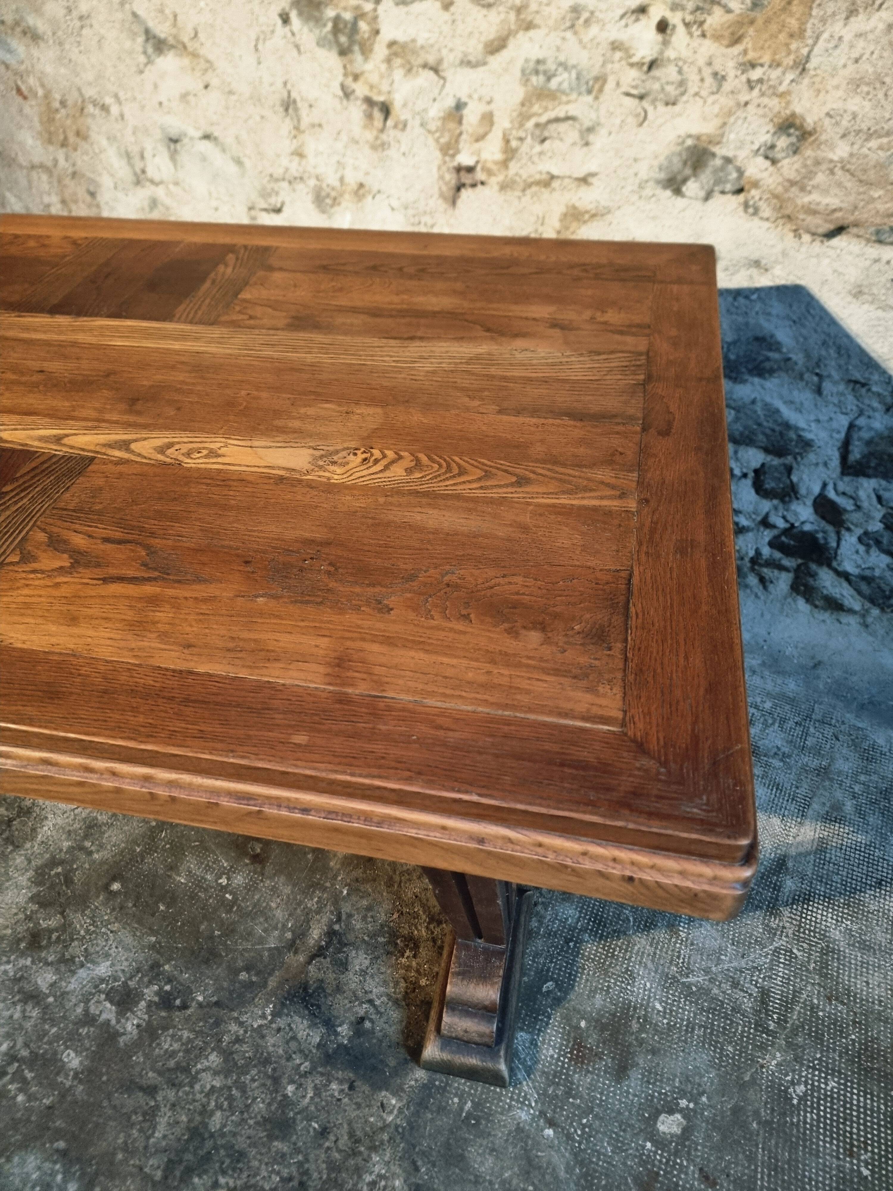 French vintage table in solid oak, Arts & Crafts style, 1930s–1940s.