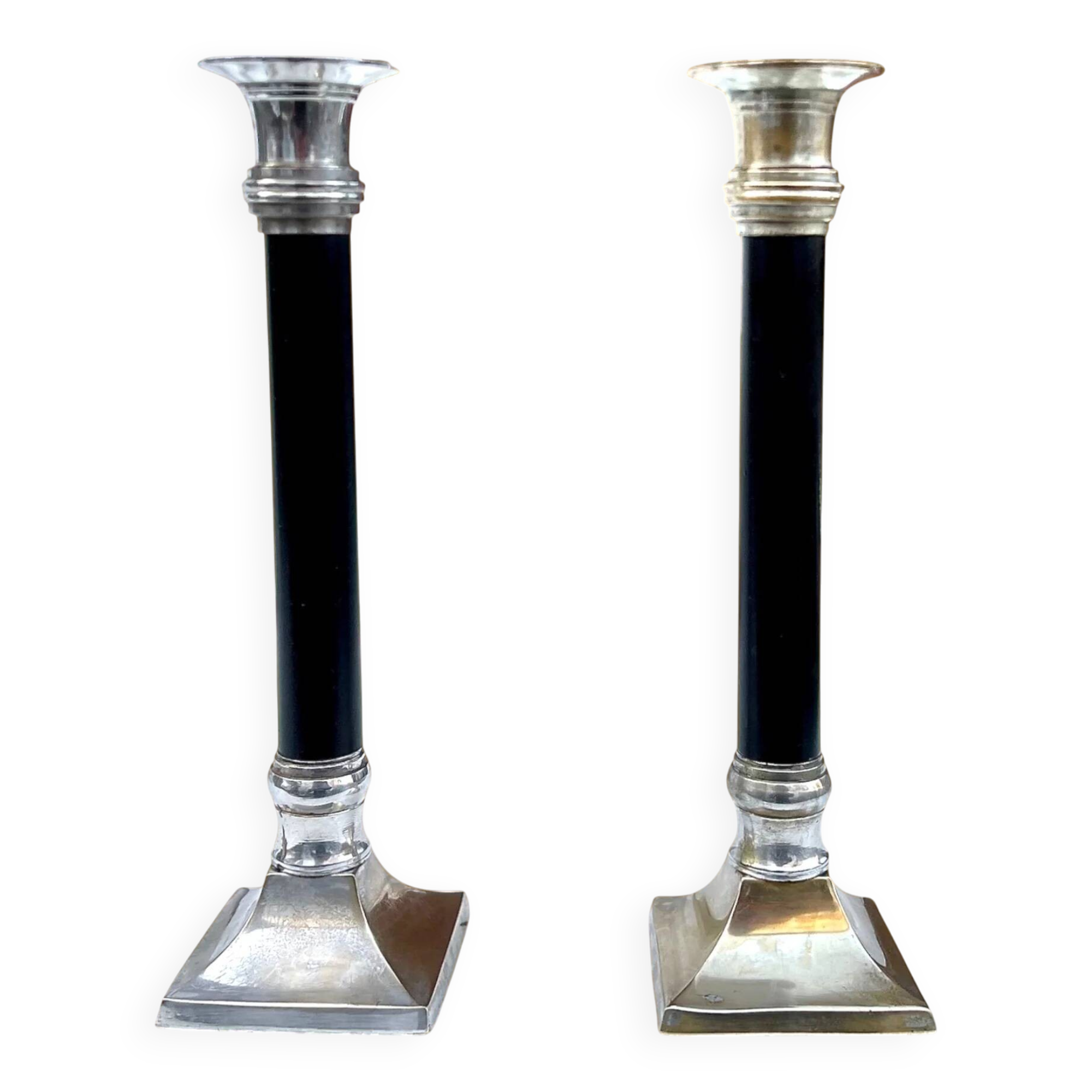 Pair of Art Deco candlesticks in nickel-plated metal and black column – 1930s