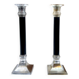 Pair of Art Deco candlesticks in nickel-plated metal and black column – 1930s