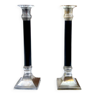 Pair of Art Deco candlesticks in nickel-plated metal and black column – 1930s