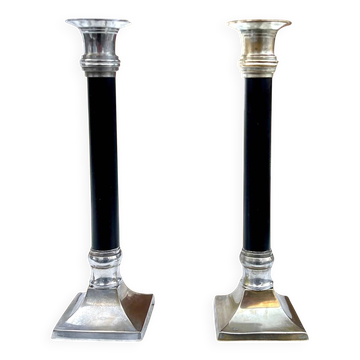 Paire de chandeliers art déco en métal nickelé et colonne noire – années 1930