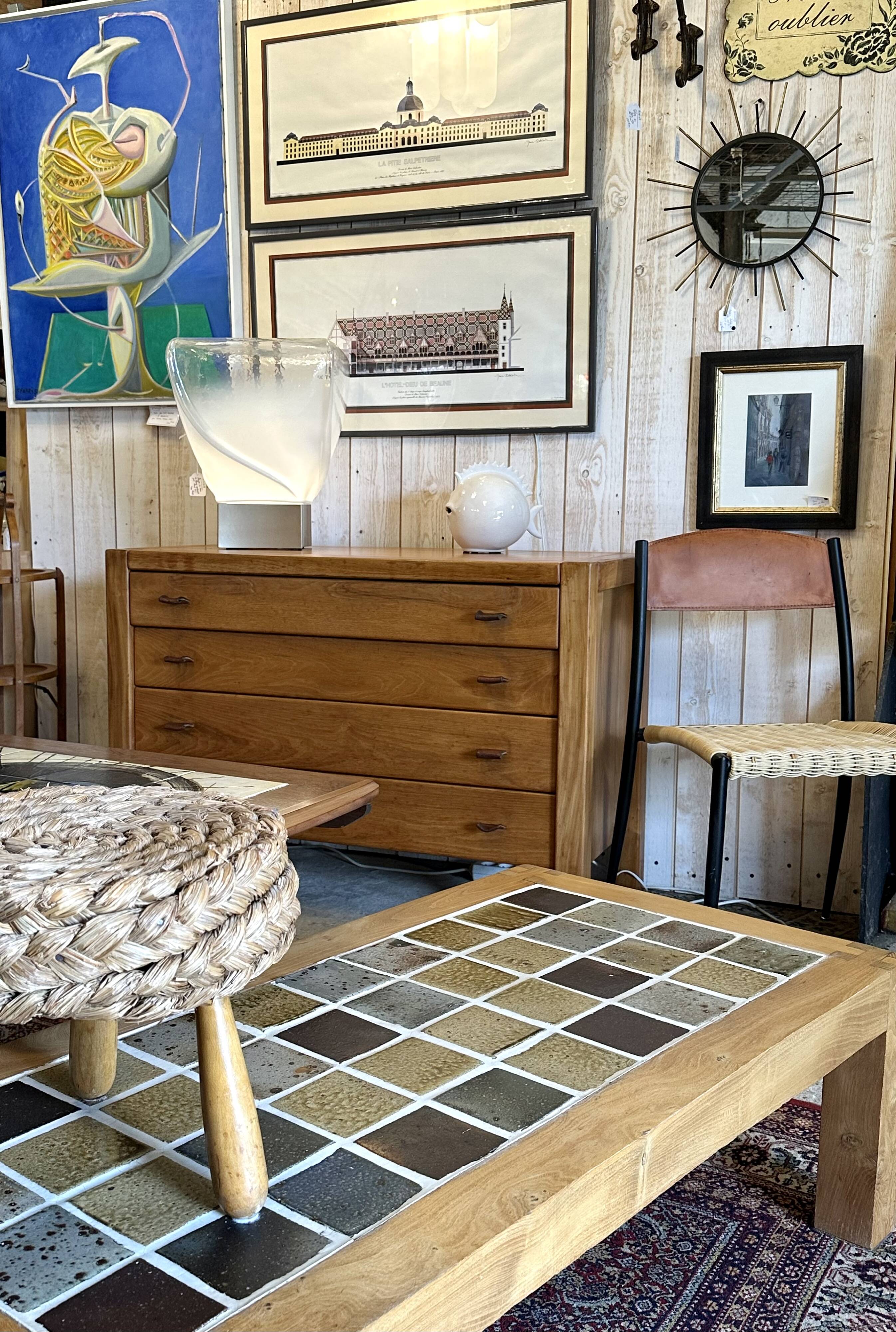 Coffee table in elm and ceramic stoneware Maison Regain 1970