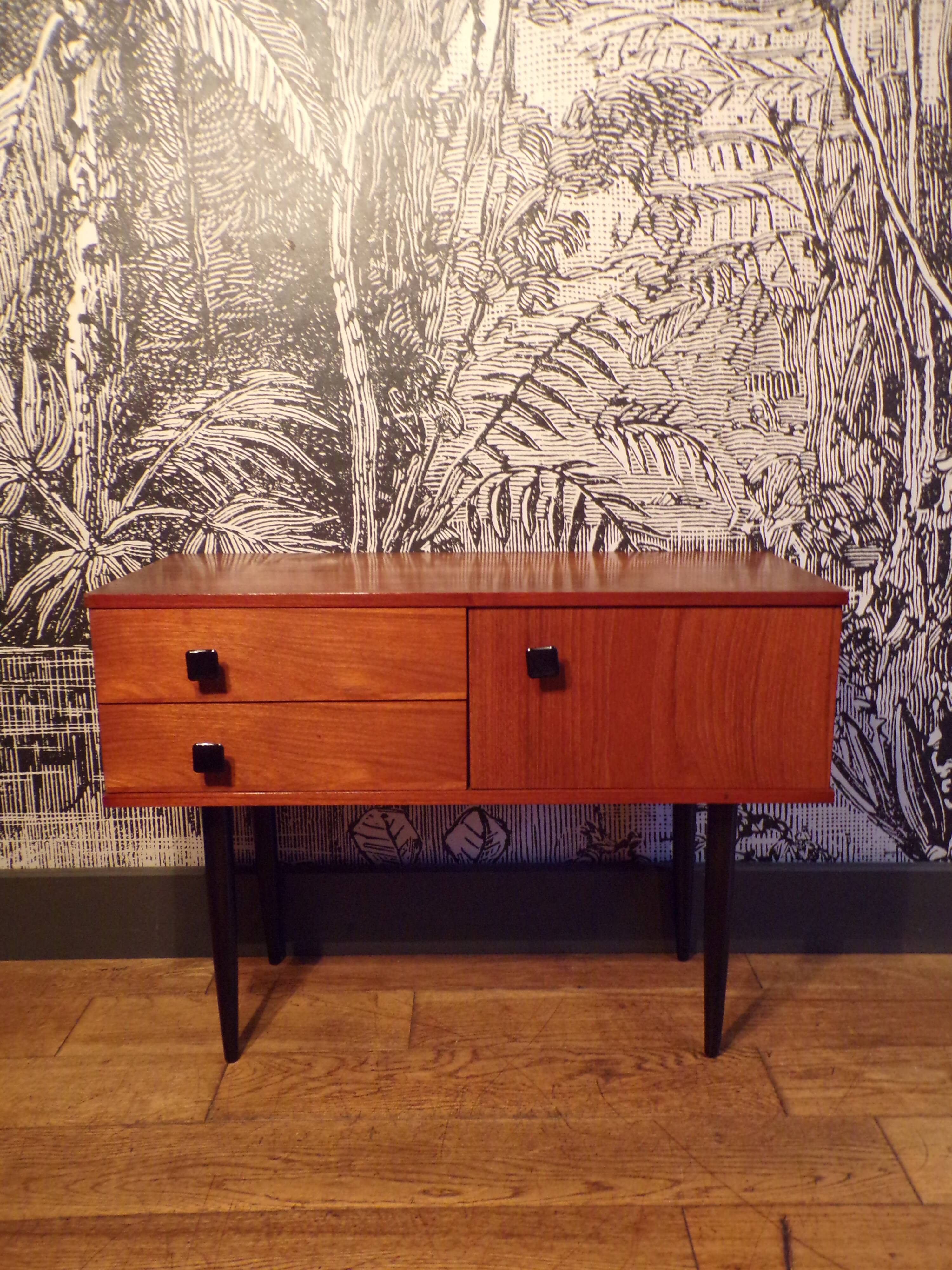 Mini teak sideboard with one door and two drawers