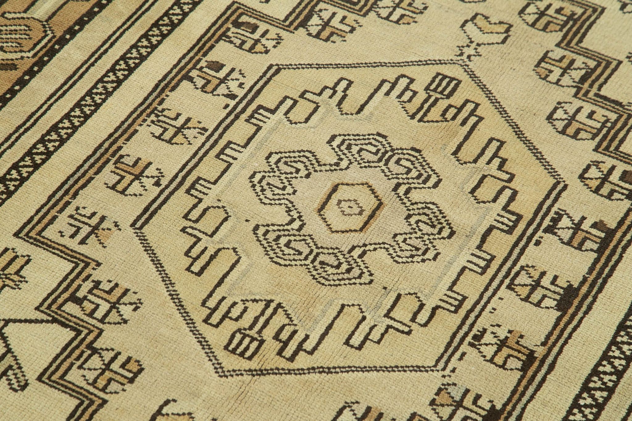 1960s Handmade Rustic Oriental Beige Carpet 115 cm x 222 cm