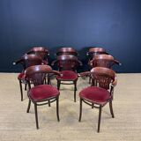 Lot de 8 fauteuils bistrot vauzelle a palmettes bois foncé et velours rouge