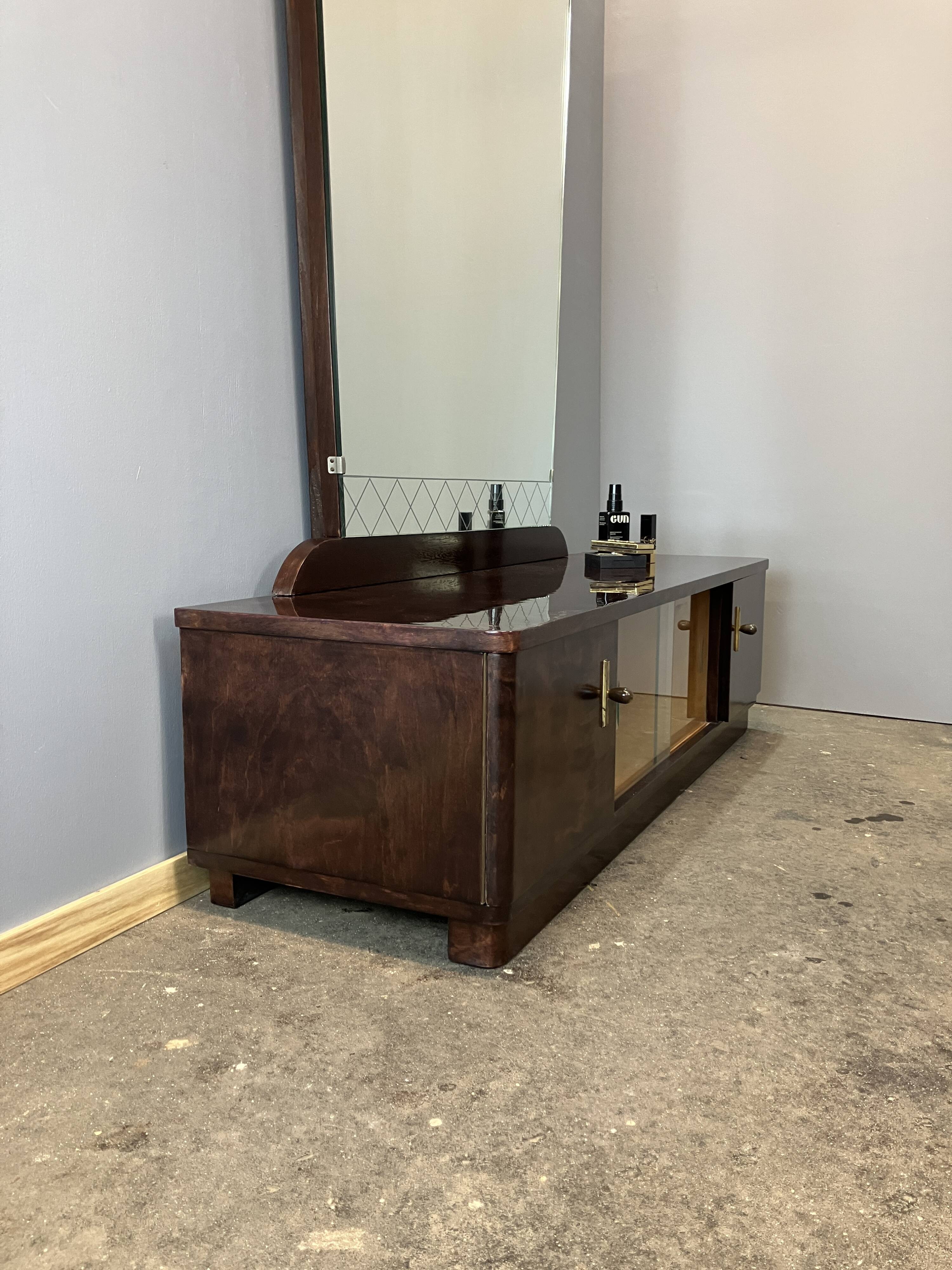 Mirror chest of drawers, flamed birch stained, vintage from the 50s