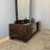 Mirror chest of drawers, flamed birch stained, vintage from the 50s