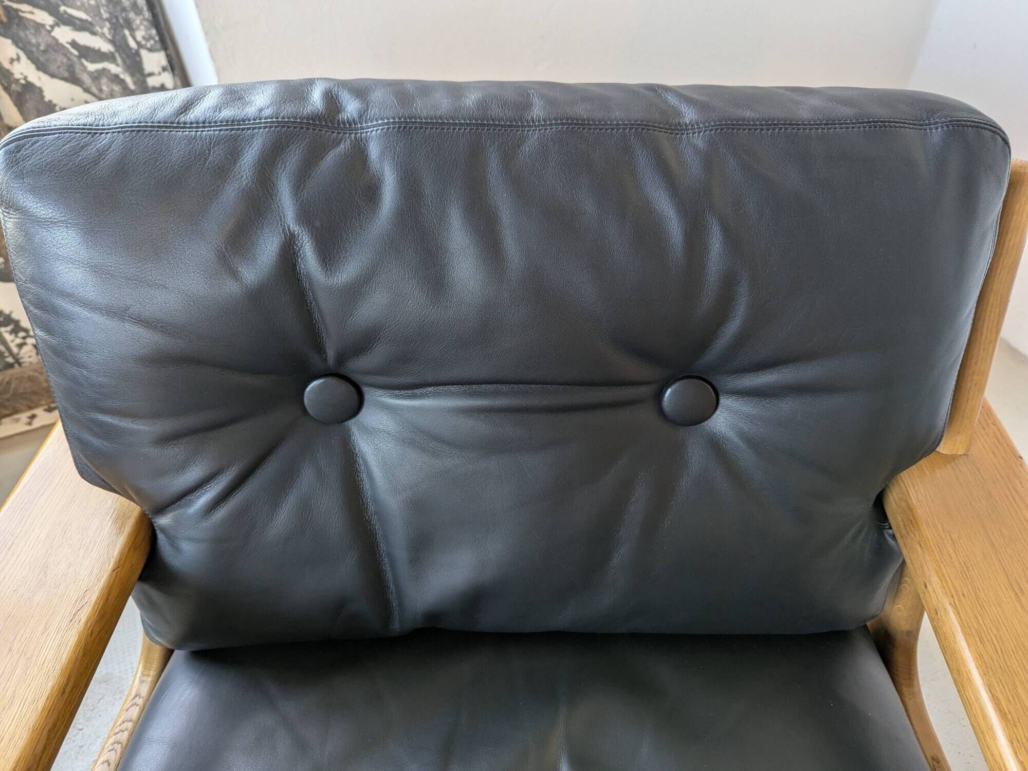 Pair of raw oak and leather armchairs by Esko Pajamies for Asko, Finland.