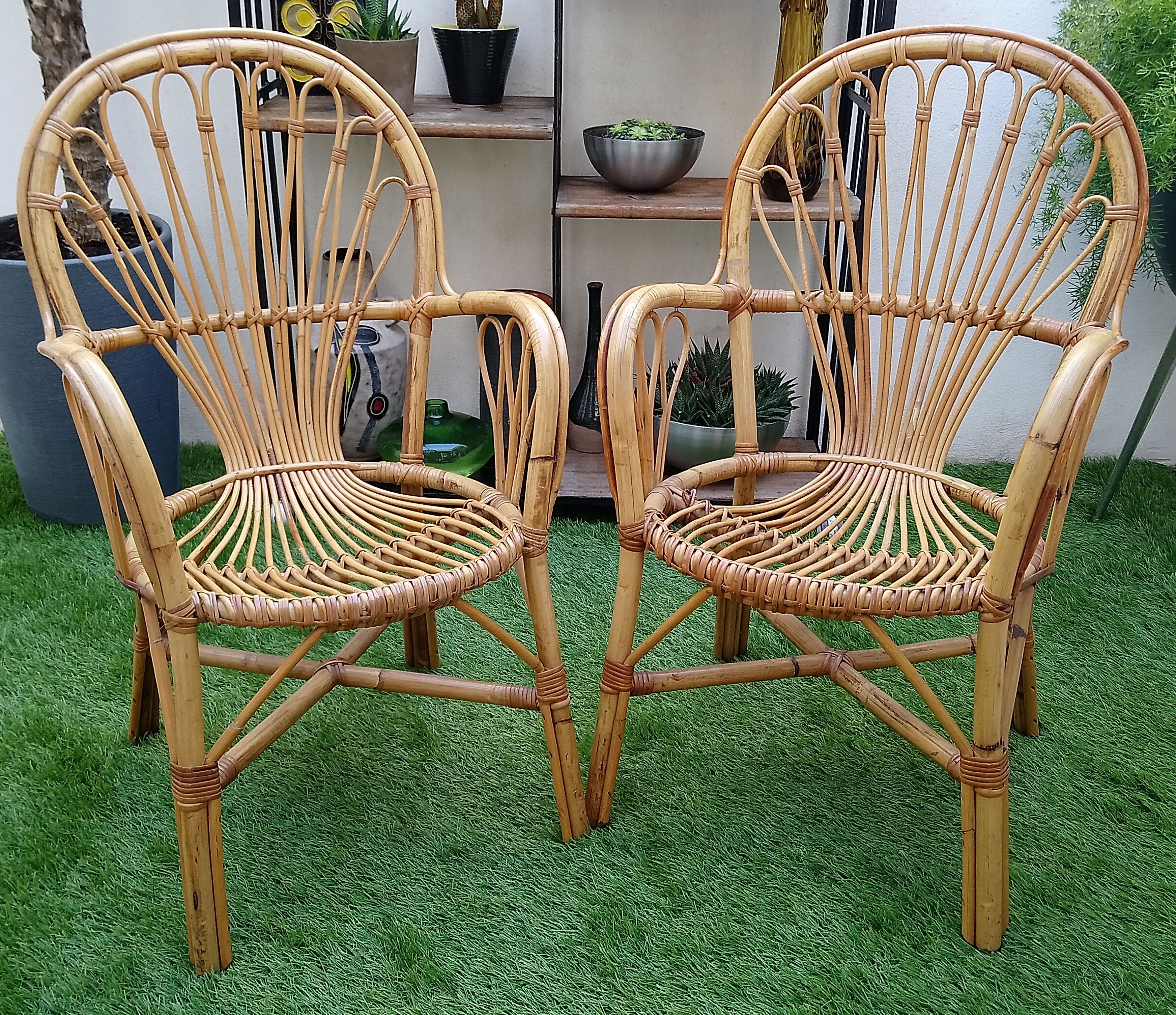 Duo de fauteuils en rotin années 70