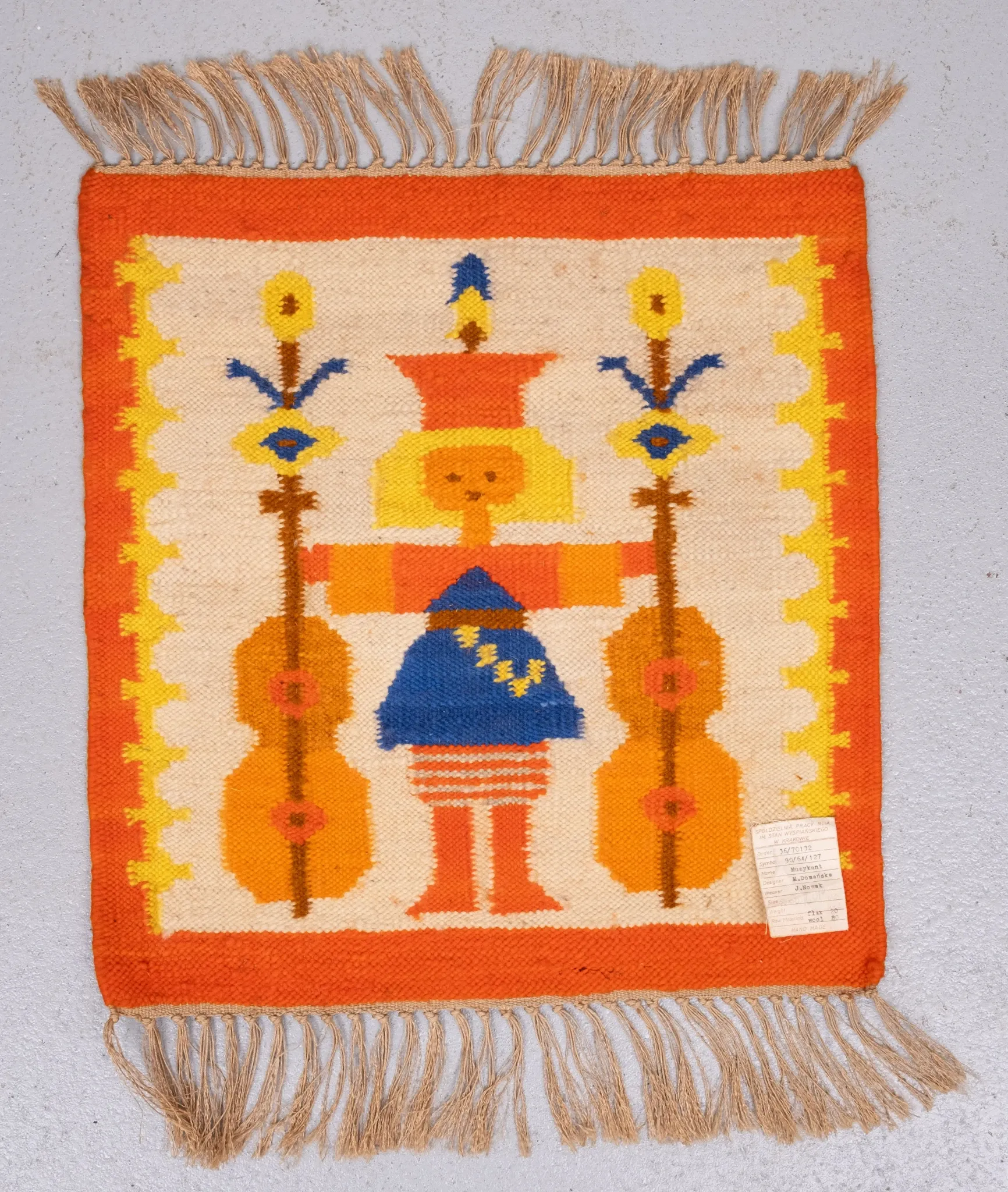 Polish Hand Knotted Square Wall Tapestry ''Musician'' 1960s Poland