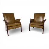 Set of two moss green Froxfield leather armchairs by Parker Knoll, 1960
