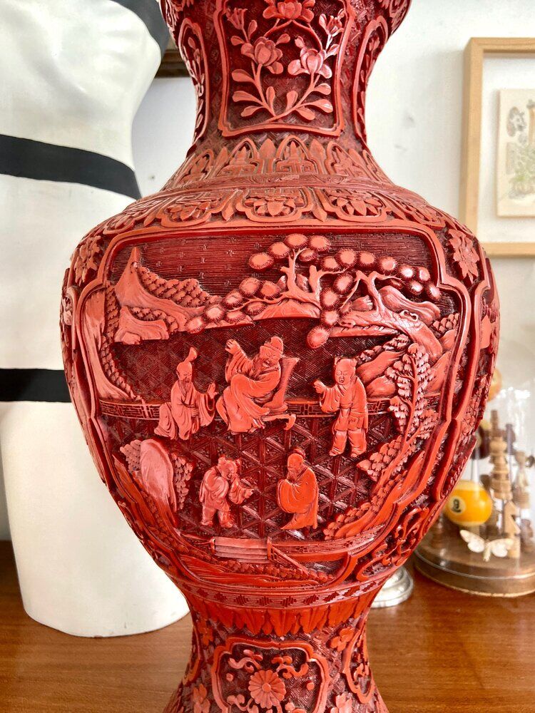 Asian metal vase and red resin