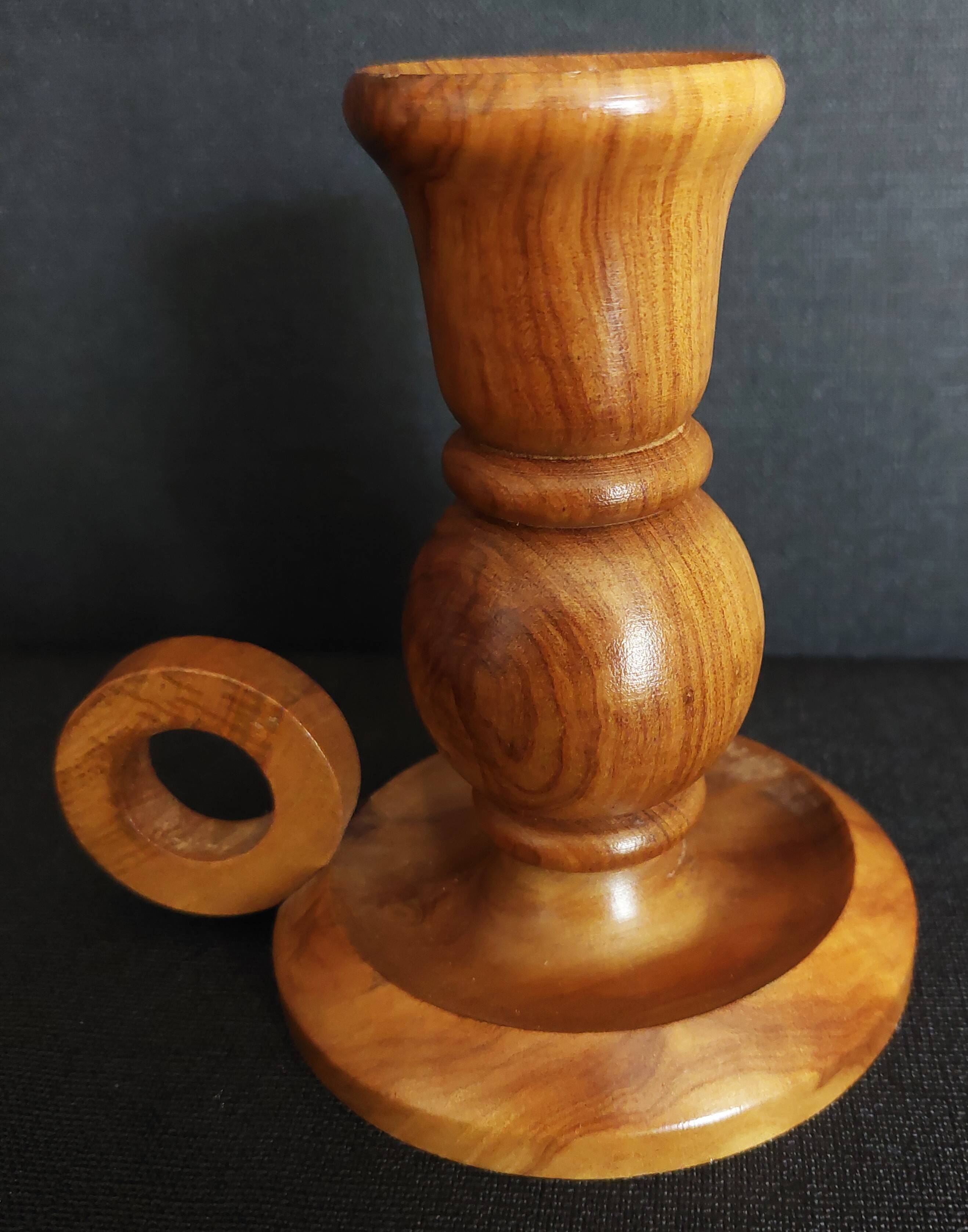 Vintage olive wood hand candle holder Oliv art made in Spain