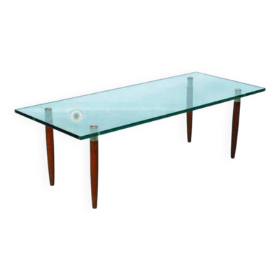 Table basse vintage verre teck laiton, table basse midmod