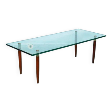 Table basse vintage verre teck laiton, table basse midmod