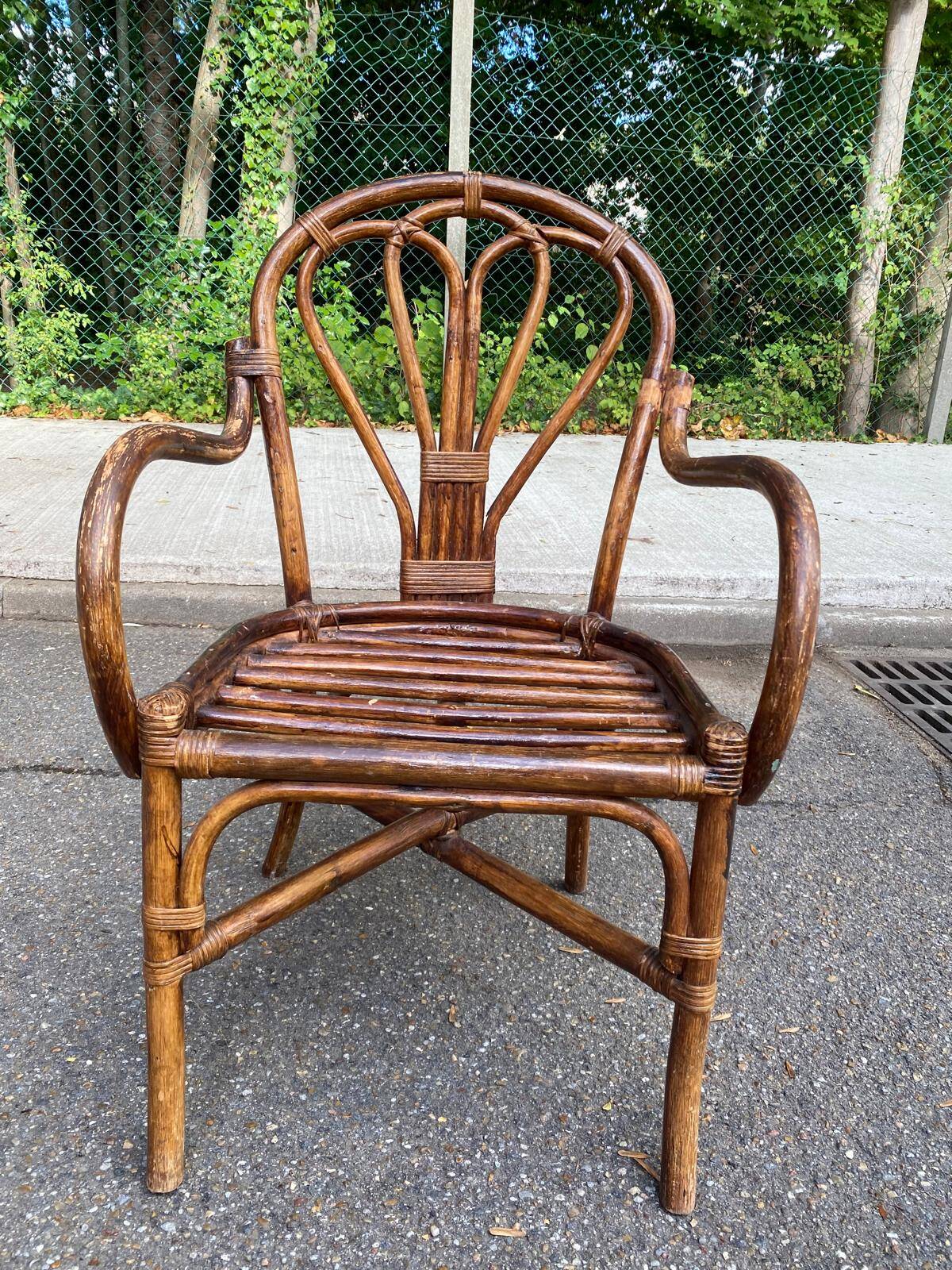 Fauteuil en rotin vintage / bambou teinté — Style Boho 70s