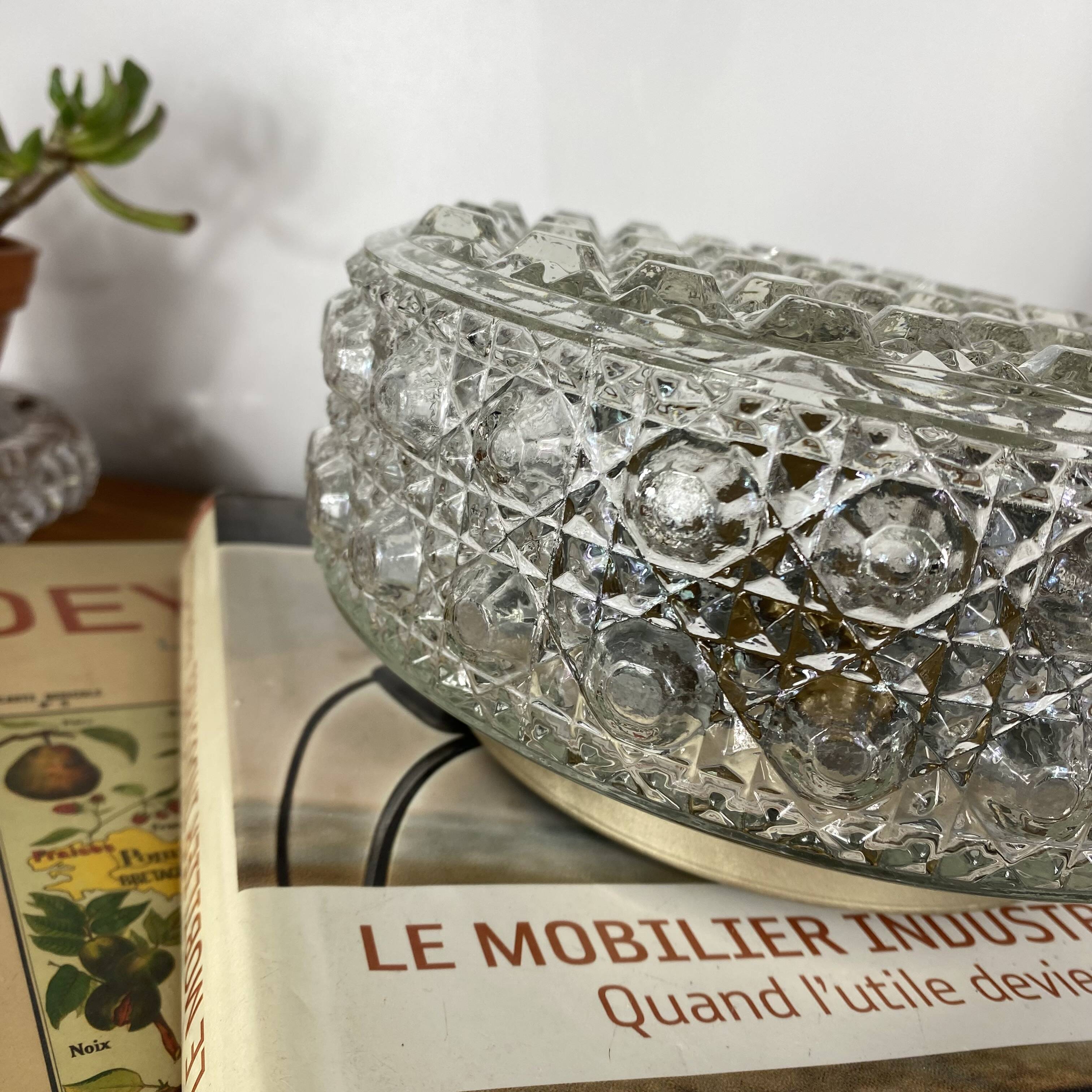 Round wall light ceiling fixture in glass with diamond points vintage 1970s