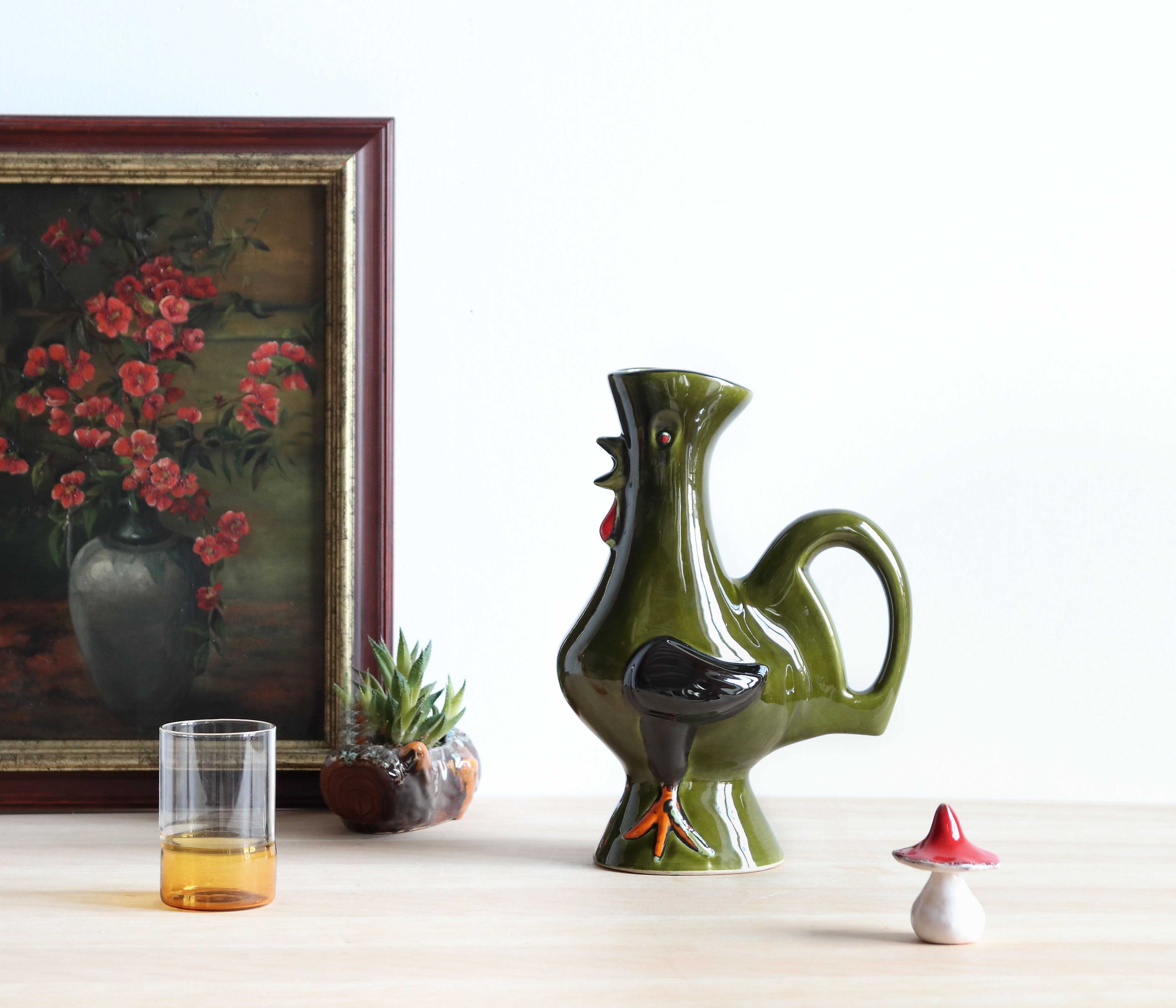Vintage zoomorphic ceramic rooster pitcher by Poët Laval, Cocorico model, 60s