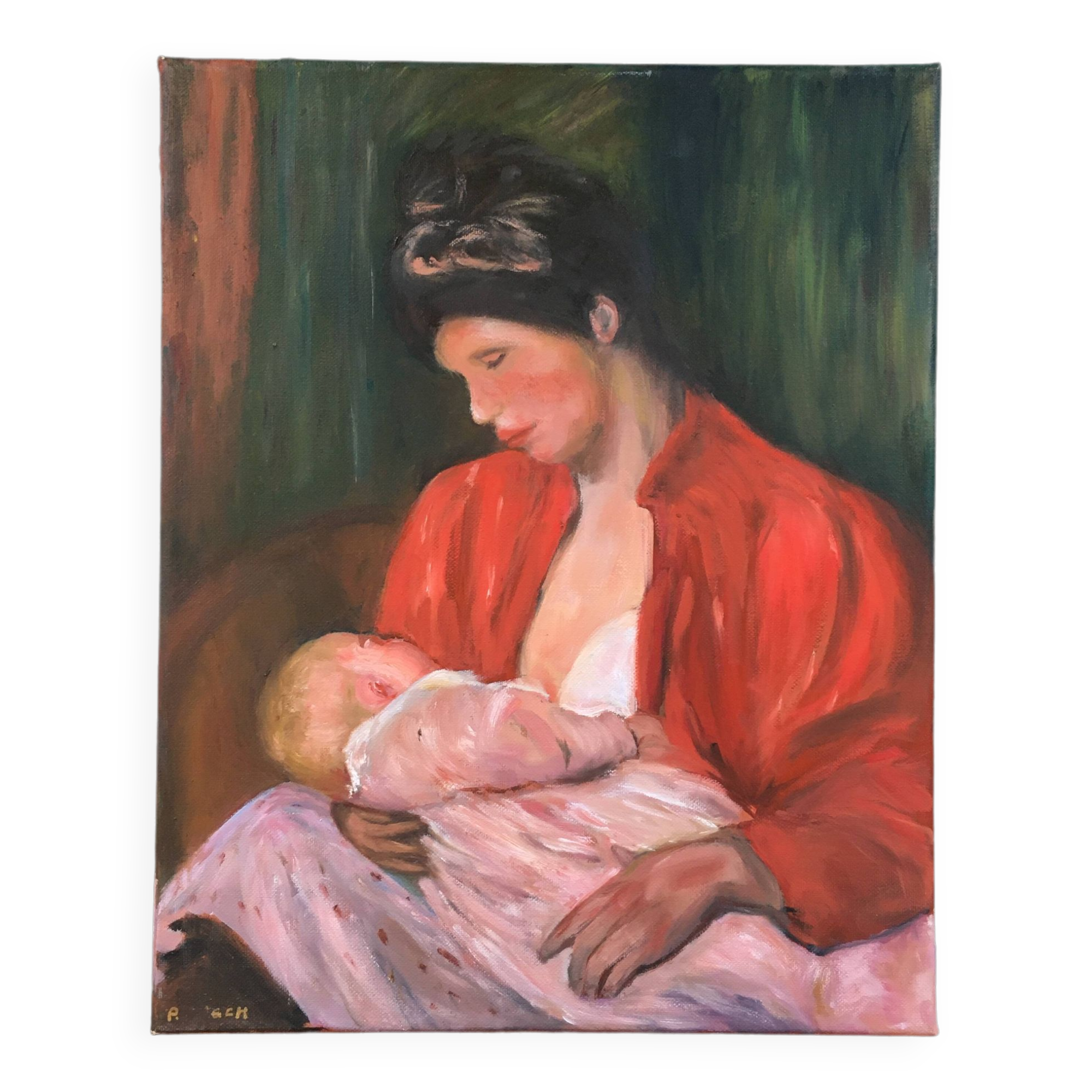 Painting woman breastfeeding her child