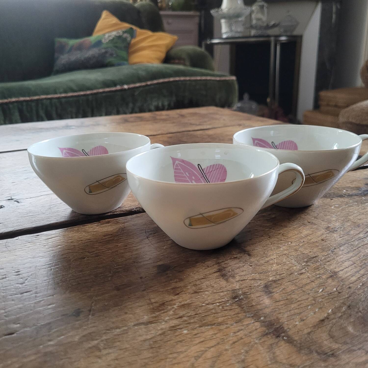 3 Bavaria Winterling porcelain cups – 1950s pink and green decor