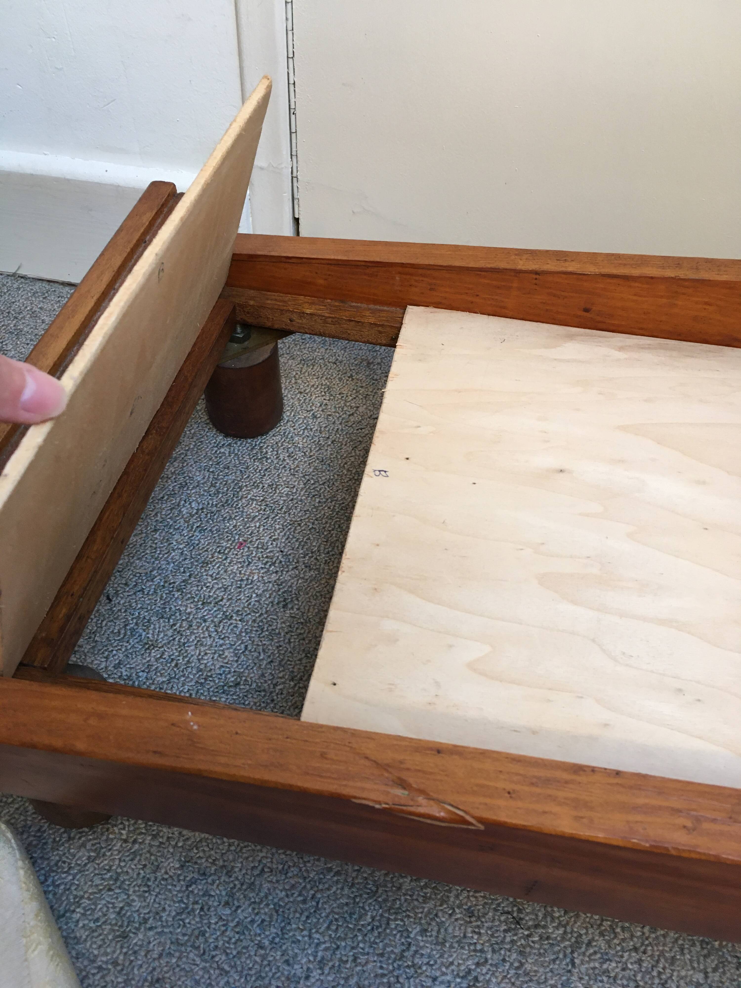 Old wooden bed for doll with mattress and pillow