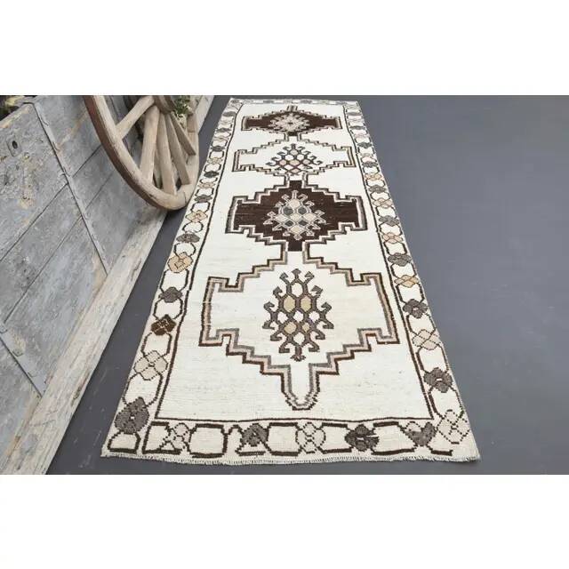 1970s Vintage Turkish Hand-Knotted Wool Cotton White Runner Rug  115x342