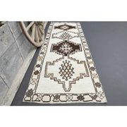 1970s Vintage Turkish Hand-Knotted Wool Cotton White Runner Rug  115x342