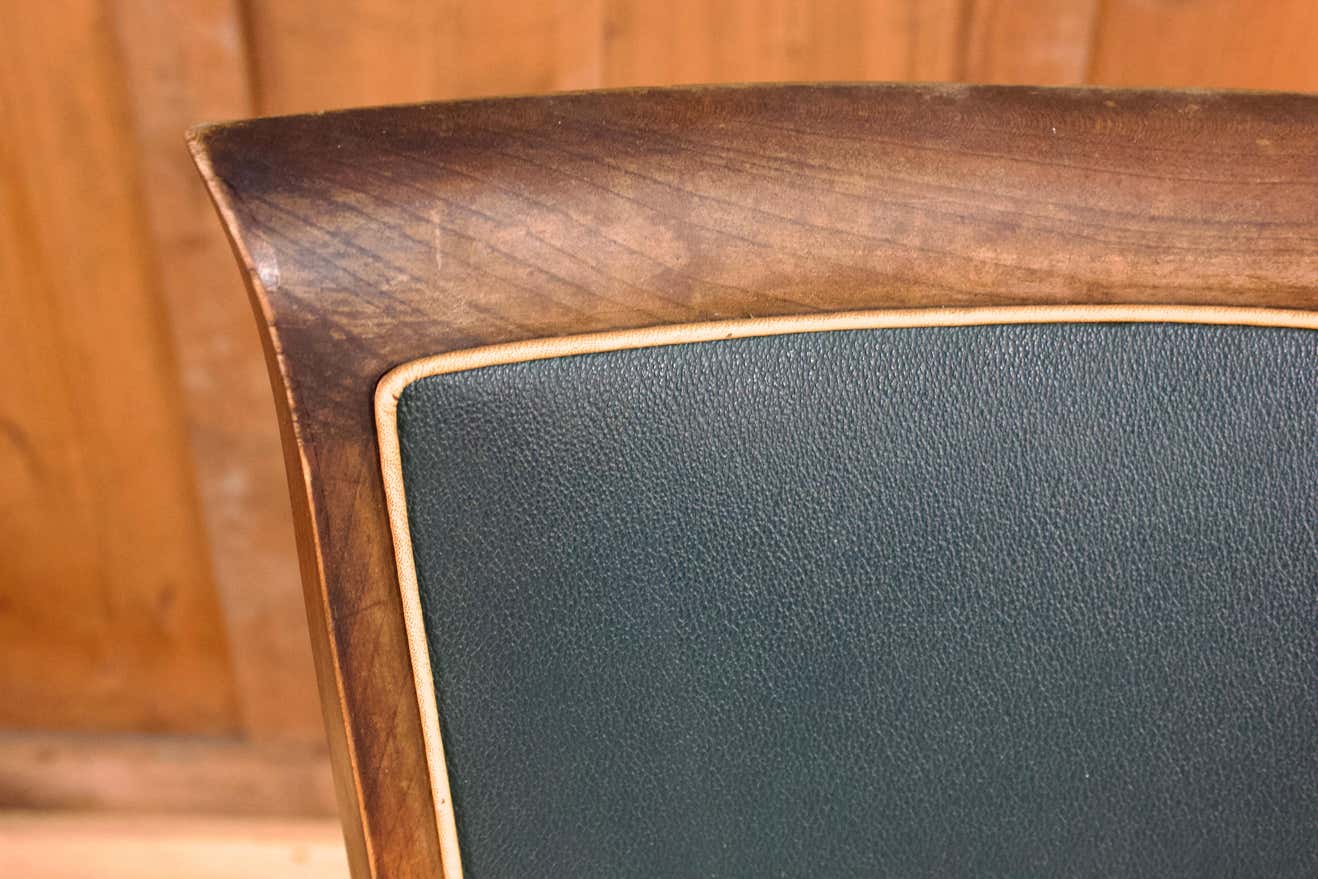 Art Deco set of four Jaguar green wooden and leatherette chairs, circa 1950