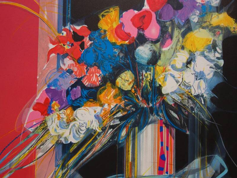 Jean-Baptiste Valadié: Blue, white and red bouquet, original signed lithograph