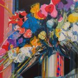 Jean-Baptiste Valadié: Blue, white and red bouquet, original signed lithograph