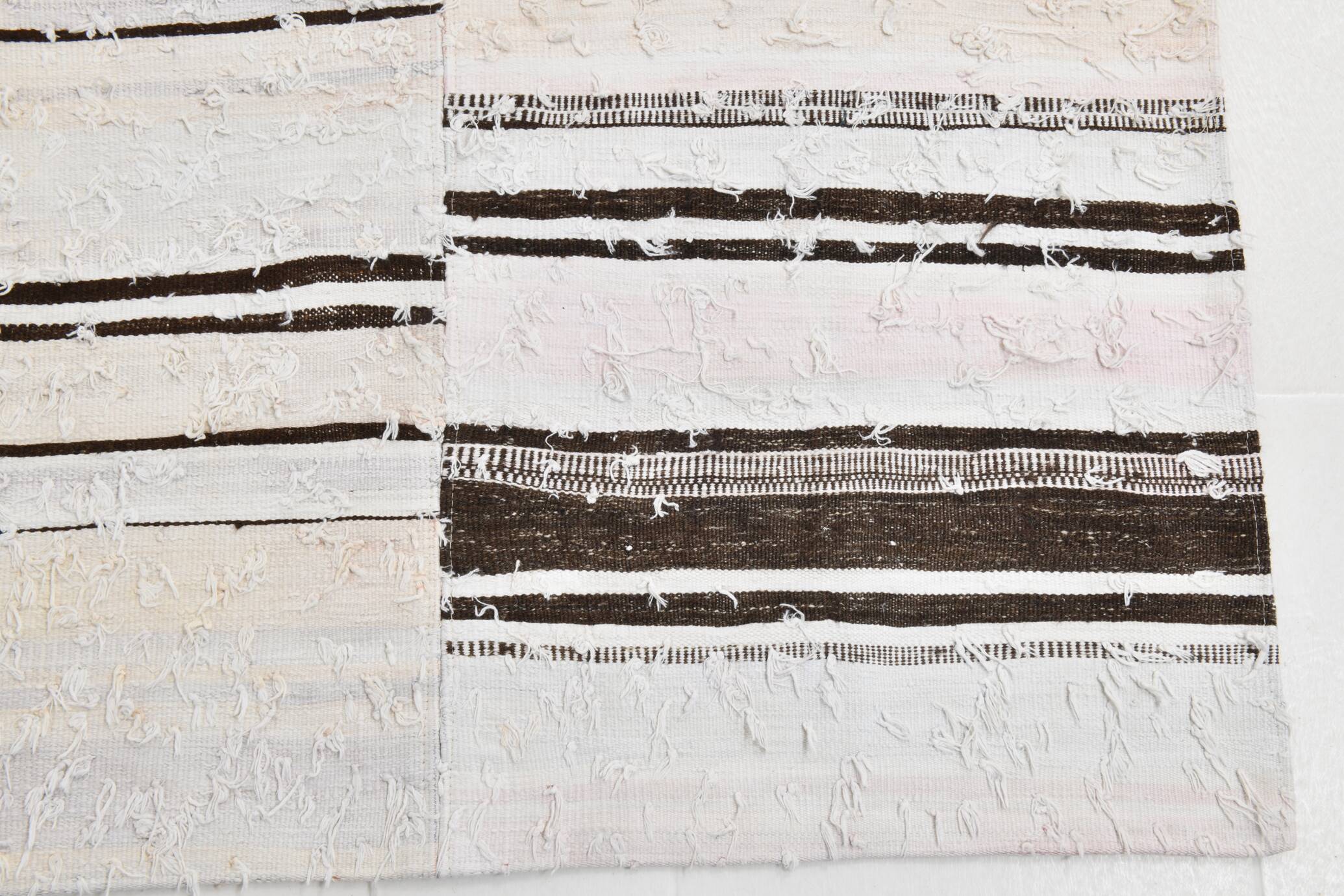 7x9 Brown Cream Striped Handmade Vintage Kilim Rug, 204x279Cm