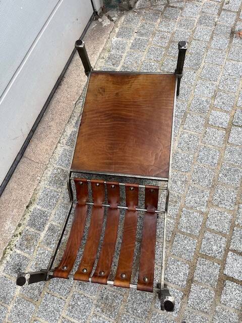 Wrought iron and leather coffee table, brutalist style, 1970s